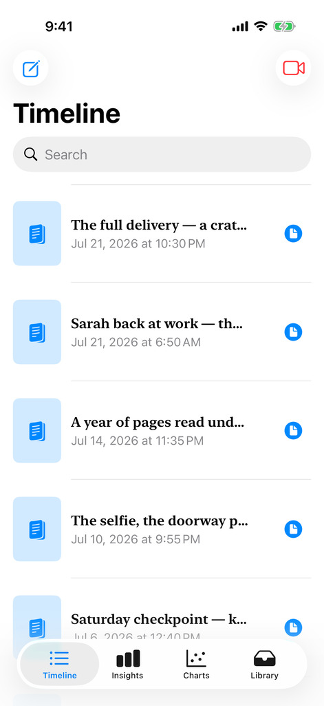 Timeline search — text matches + photos by meaning