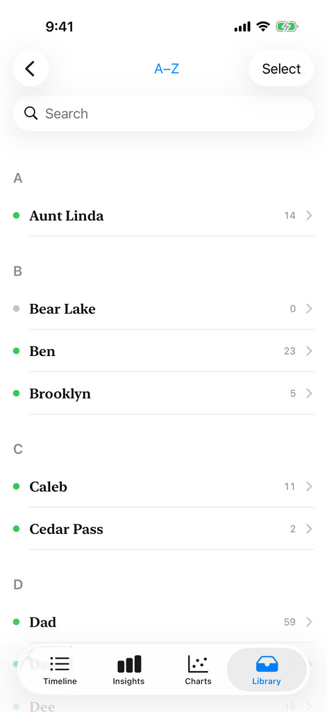 Subjects list — sentiment + merge / split / rename