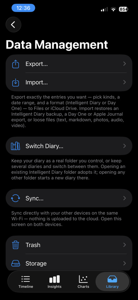 Data management — import / export / diaries / sync / trash